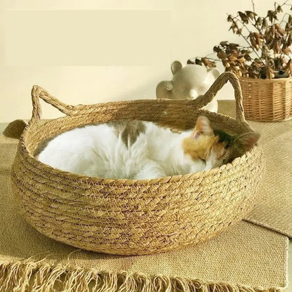 Handmade woven cat bed with seasonal padded cushion, Belro home and garden furniture, cozy and stylish pet resting spot.