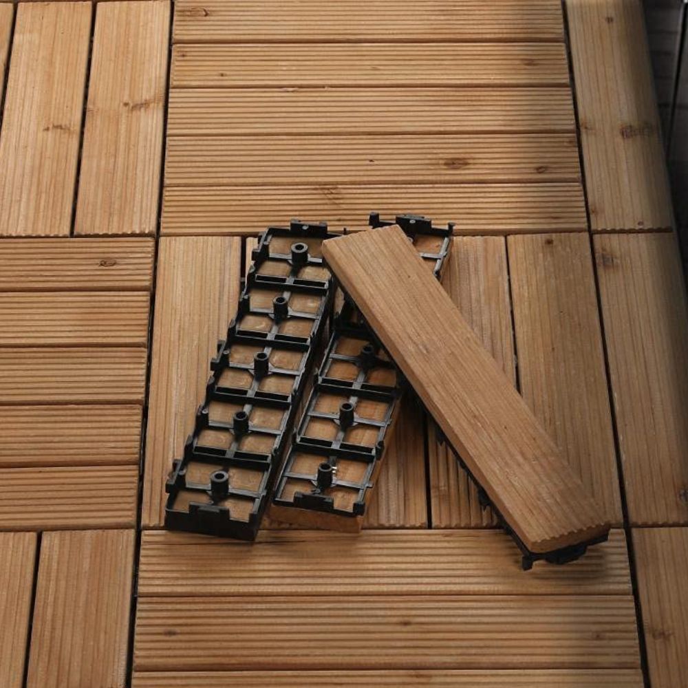 Belro interlocking outdoor patio wood deck tiles arranged on a garden patio, showing natural wood finish and easy installation features.
