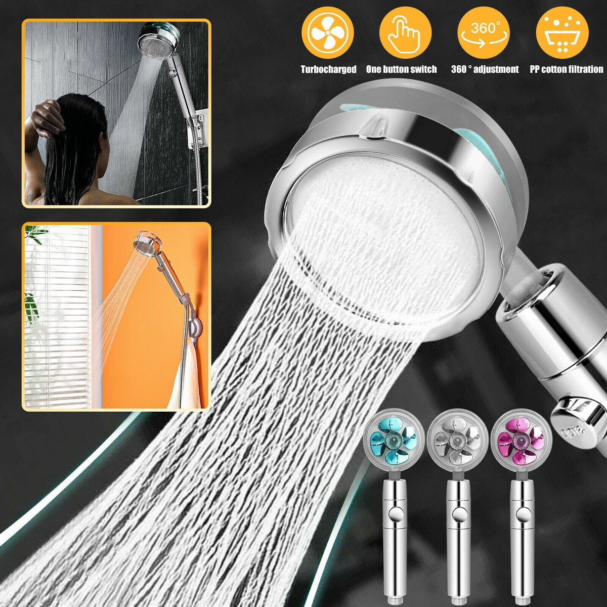 Belro Turbo Propeller Shower Head with multiple spray settings, chrome finish, and durable hardware for a modern bathroom update.