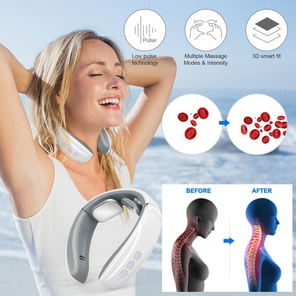 Belro electric shock pulse neck and shoulder massager with kneading nodes and adjustable straps for relaxing personal care.
