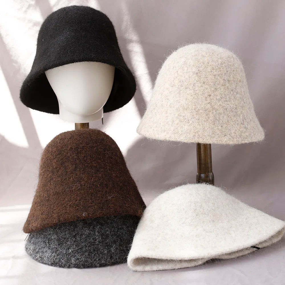 Belro women's winter wool bucket hat in cozy gray, featuring a wide brim and stylish design for cold weather accessories.
