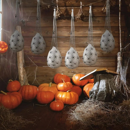 Belro Light Up Spider Egg Sacs Halloween outdoor decor hanging prop with glowing spider eggs for spooky garden decorations.