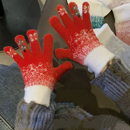Belro festive fleece-lined knit fingerless gloves in red and green, cozy winter accessories with a Christmas pattern.