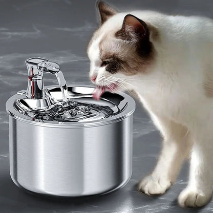 Belro stainless steel cat water fountain with filter and sensor, featuring flowing water and a clean, modern design for pet hydration.