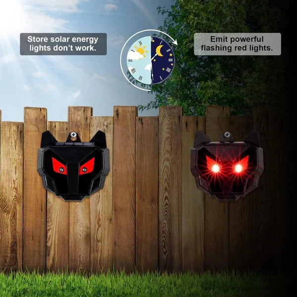 Two Belro solar-powered outdoor nocturnal animal repellers for pest control, featuring solar panels and motion sensors in a garden setting.