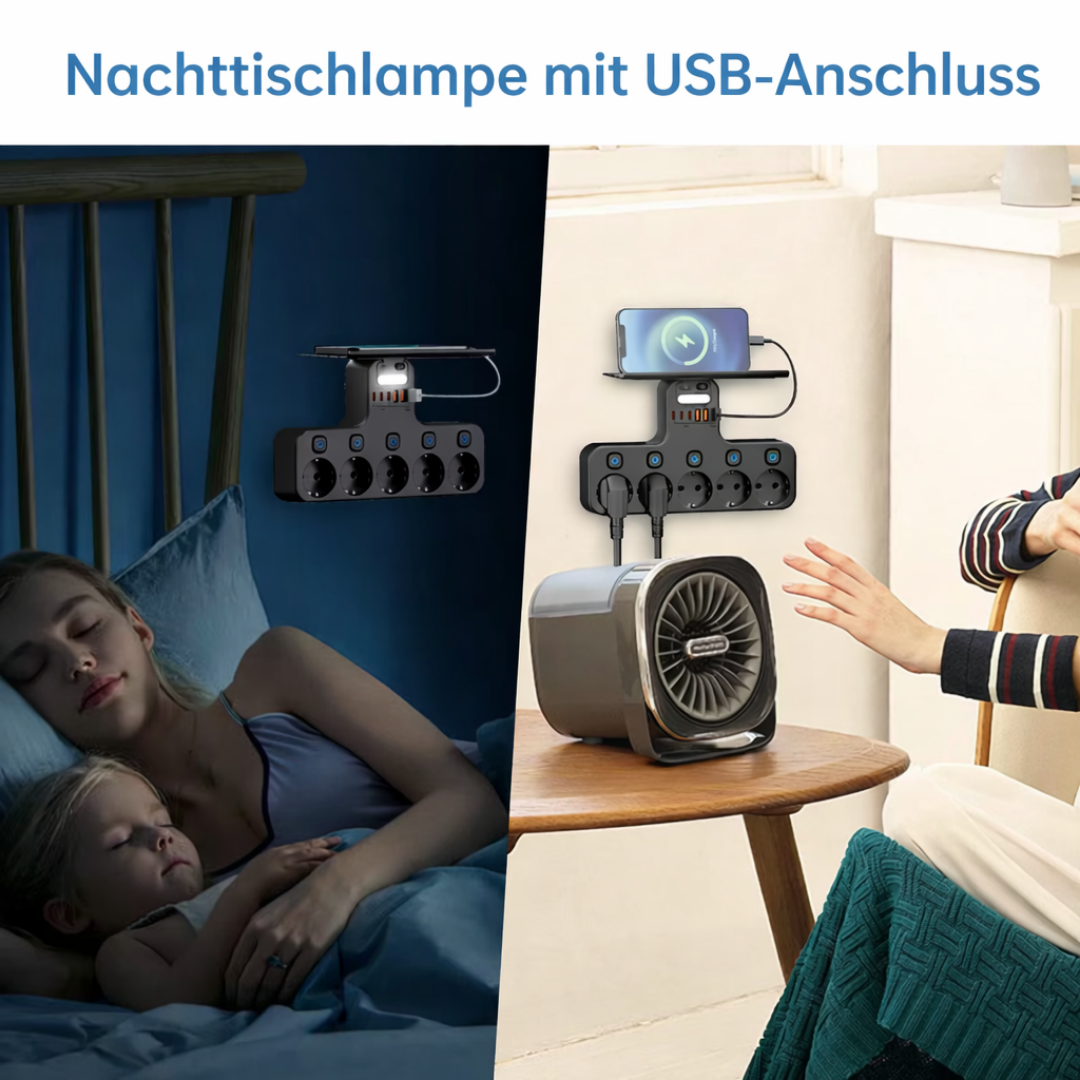 Mivoza wall power strip with 5 sockets, USB ports, built-in night light, and phone shelf mounted on a wall.