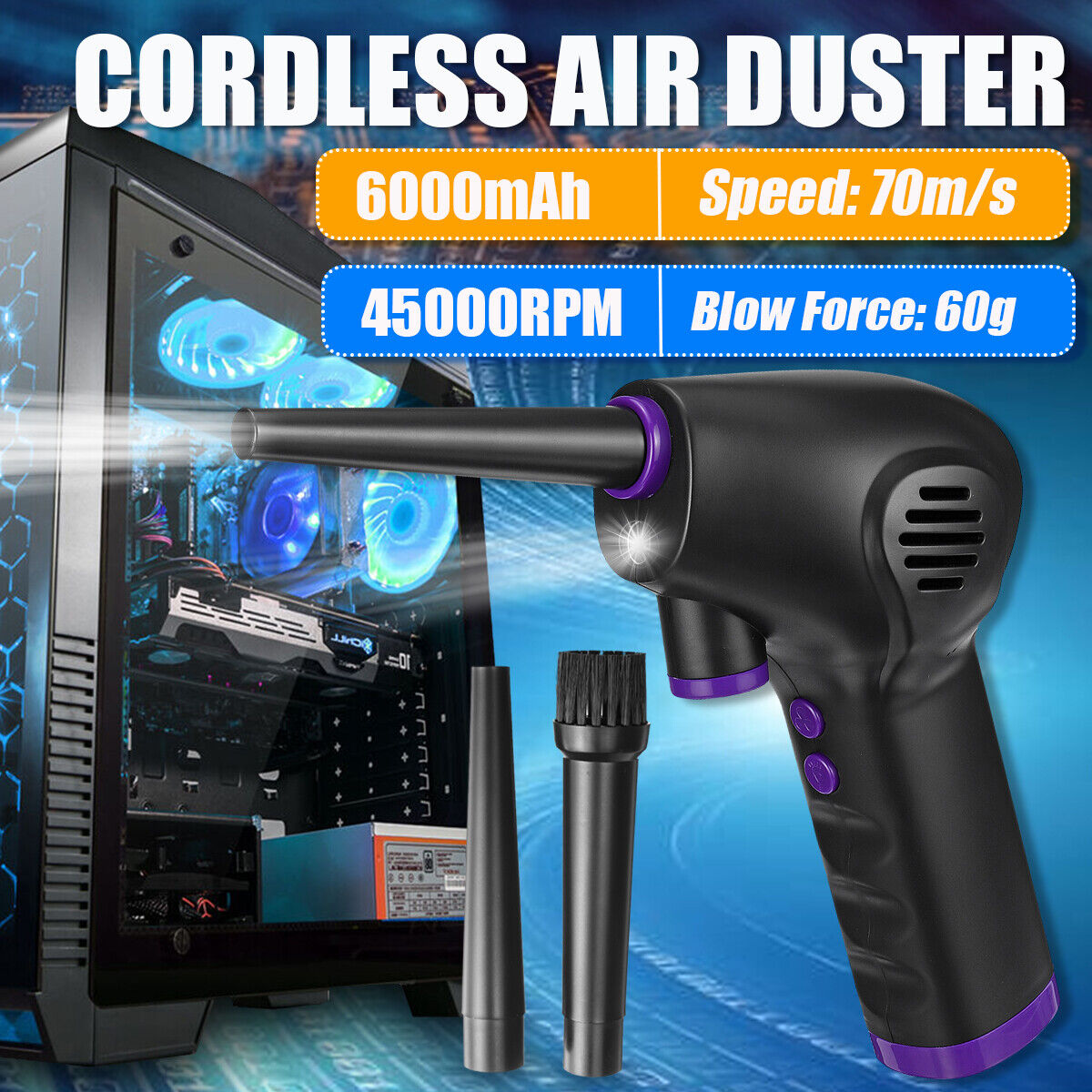 Belro cordless air duster in use, showing its lightweight design and handheld shape for cleaning electronic devices and keyboards.