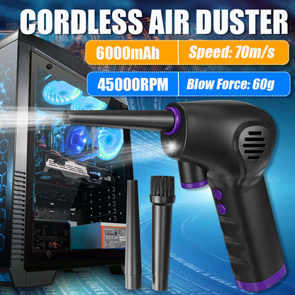 Belro cordless air duster in use, showing its lightweight design and handheld shape for cleaning electronic devices and keyboards.