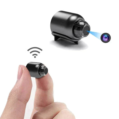 Mivoza Mini WiFi Security Camera in black with 1080P HD lens, night vision, and motion detection for home surveillance.
