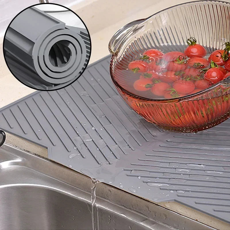 Belro silicone dish drying mat with drain design, flexible kitchen accessory for drying dishes and utensils in home and garden setting.