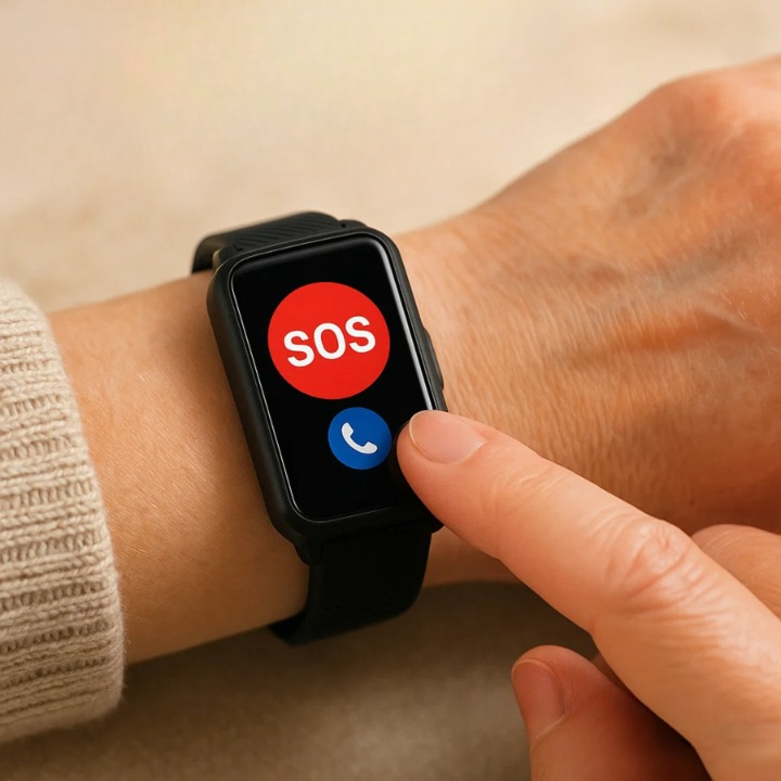 Mivoza senior smartwatch with fall detection, SOS call, 4G GPS, and IP67 waterproof rating, shown on a wrist.