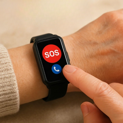 Mivoza senior smartwatch with fall detection, SOS call, 4G GPS, and IP67 waterproof rating, shown on a wrist.