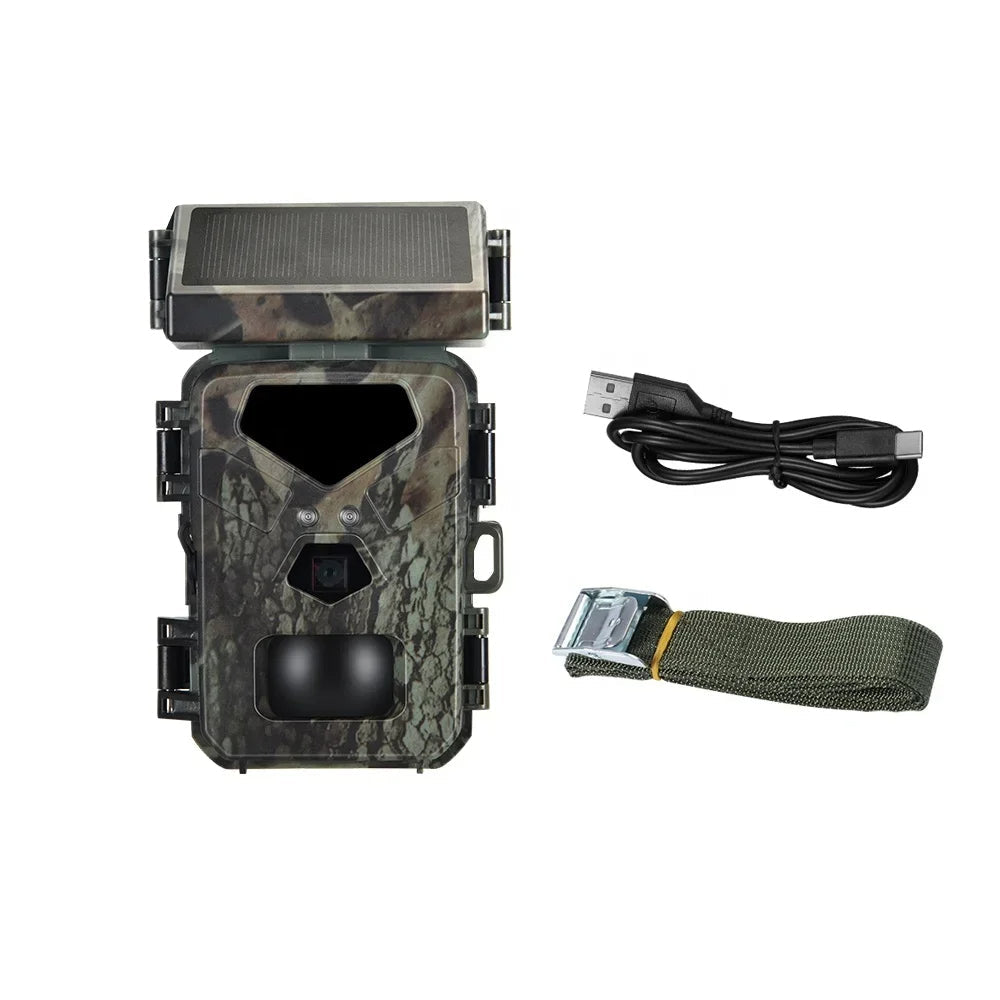 Belro compact solar-powered trail camera with lens and solar panel, designed for outdoor wildlife monitoring.