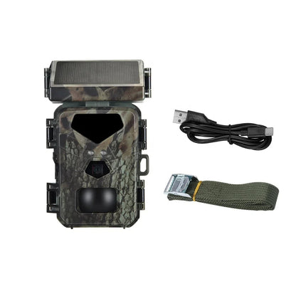 Belro compact solar-powered trail camera with lens and solar panel, designed for outdoor wildlife monitoring.
