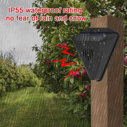Belro solar outdoor bird repeller in garden setting, designed to deter birds from outdoor spaces and protect your home and garden.