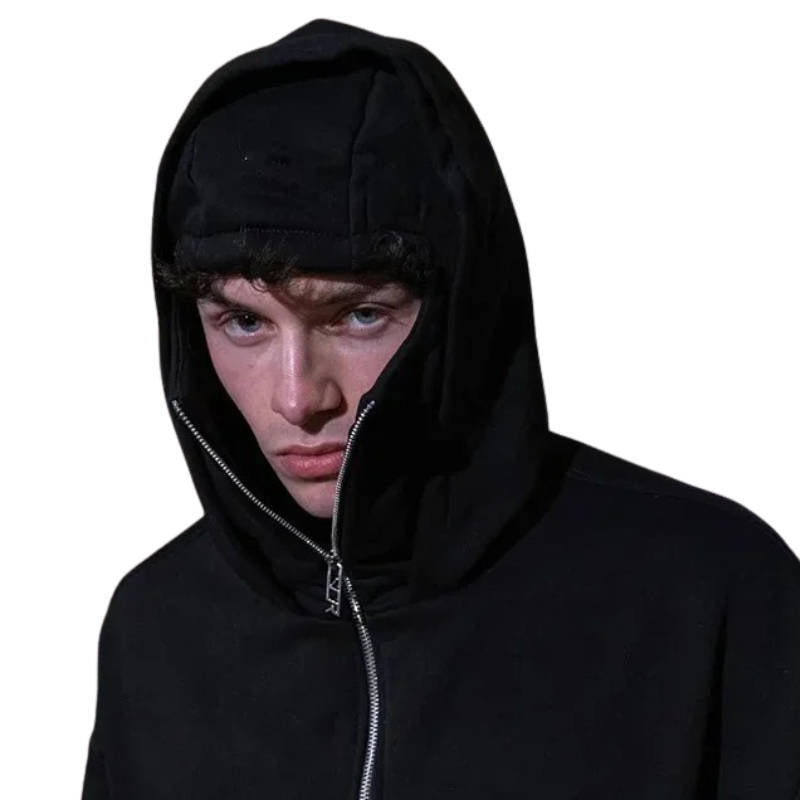 Belro unisex full zip balaclava hoodie, stylish black clothing with front zipper and hood, ideal for outdoor wear and cold weather.