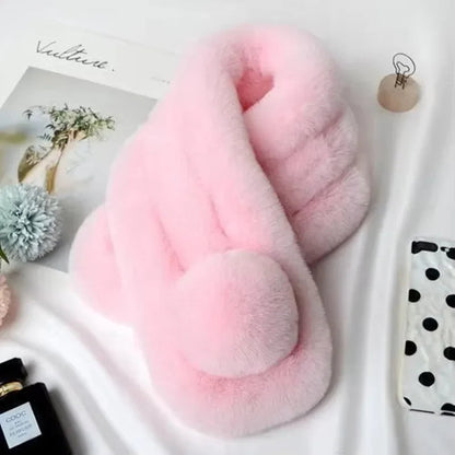 Belro plush faux fur winter scarf draped over a clothing display, showcasing its soft, fluffy texture and cozy design.