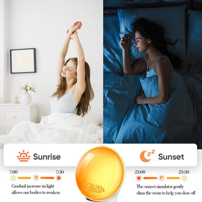 Belro light alarm clock with nature sounds, digital display, and soft glowing light for gentle wake-up in health and beauty setting.