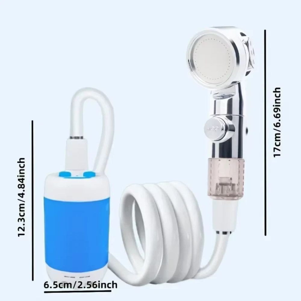 Belro portable USB rechargeable water pump shower head for outdoor use, compact and easy to carry for garden or camping showers.