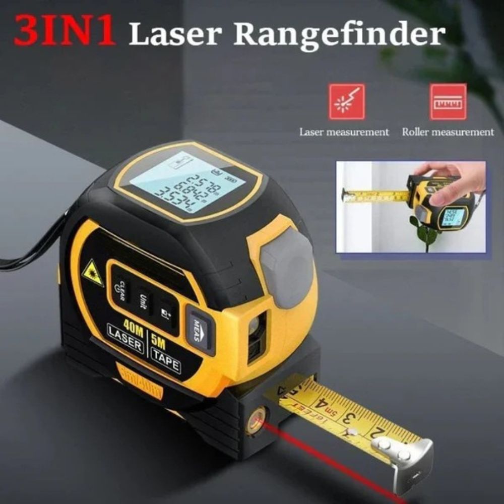 Belro 3-in-1 infrared laser tape measure showing digital display and laser emitter for accurate distance measurements.