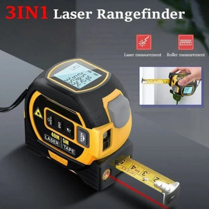 Belro 3-in-1 infrared laser tape measure showing digital display and laser emitter for accurate distance measurements.