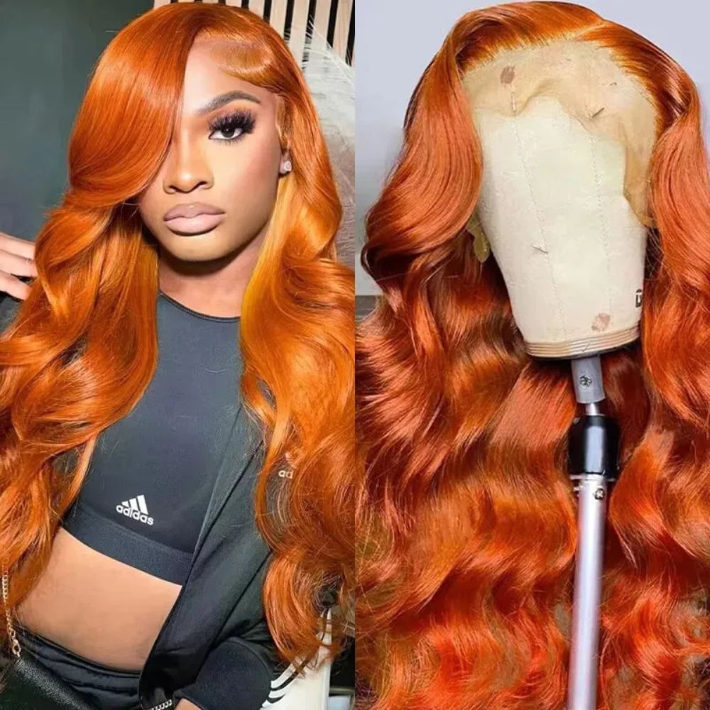 Long wavy orange ginger red lace front wig by Belro, styled with flowing waves and vibrant color for a bold hair accessory look.