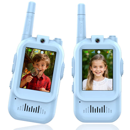 Two blue Belro children's video walkie talkies for kids, compact electronic audio devices with colorful design.