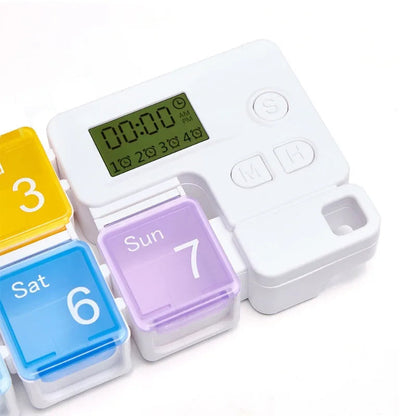 Belro smart electronic weekly pill organizer with digital display and multiple compartments for medication management.