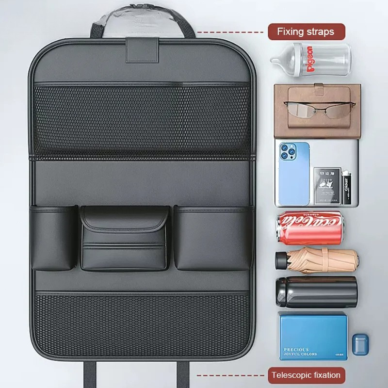 Belro car back seat organizer with tablet holder, showing multiple compartments and a tablet in the designated holder for sports and outdoors use.