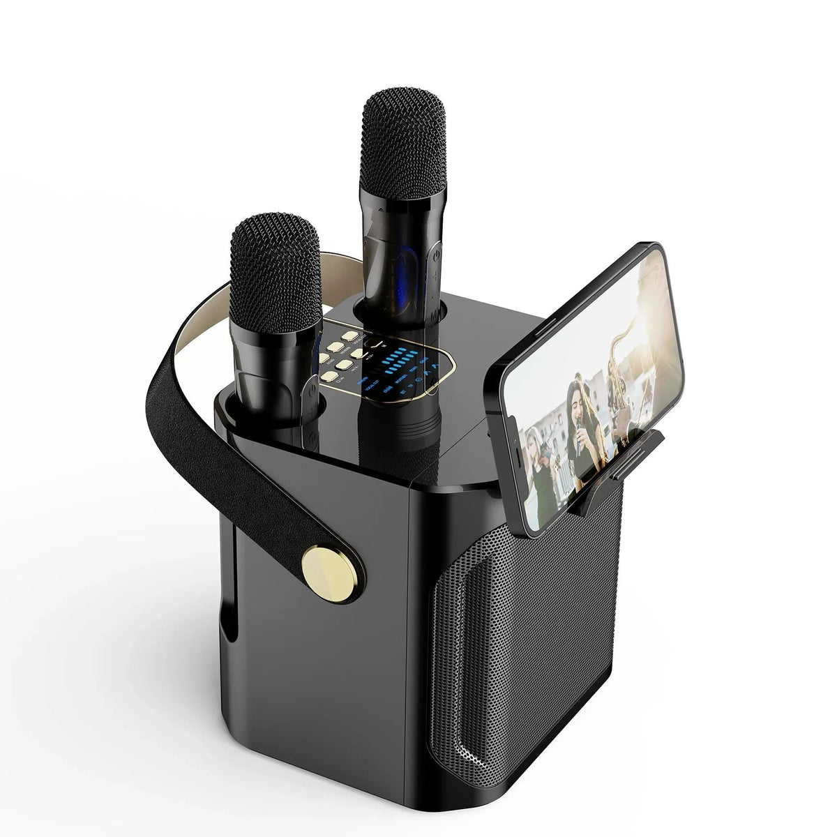 Mivoza Bluetooth karaoke speaker with two microphones, portable design, ideal for home parties and entertainment.