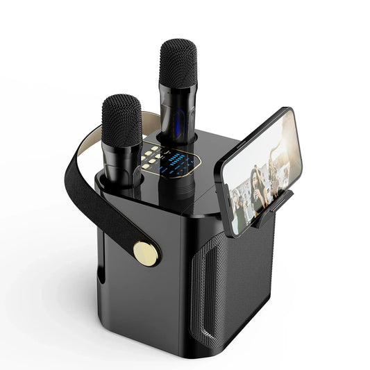 Mivoza Bluetooth karaoke speaker with two microphones, portable design, ideal for home parties and entertainment.
