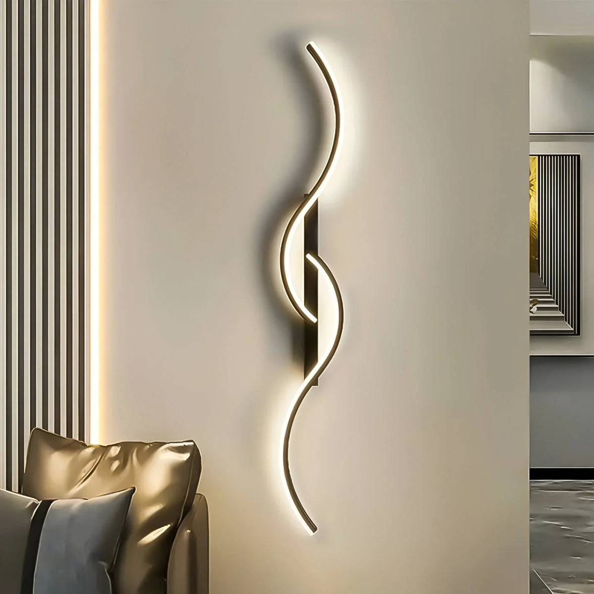 Modern BowLift curved LED wall light with sleek design, indoor ambient lighting, and plug-in installation for contemporary decor.