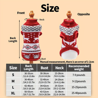 Small dog wearing a festive Belro knitted Christmas sweater, cozy pet clothing with holiday patterns and soft yarn material.