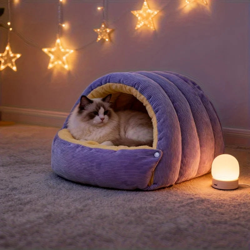 Belro Warm Arctic Fleece Enclosed Cat Cave Bed with cozy, plush interior and entrance for comfortable feline relaxation.