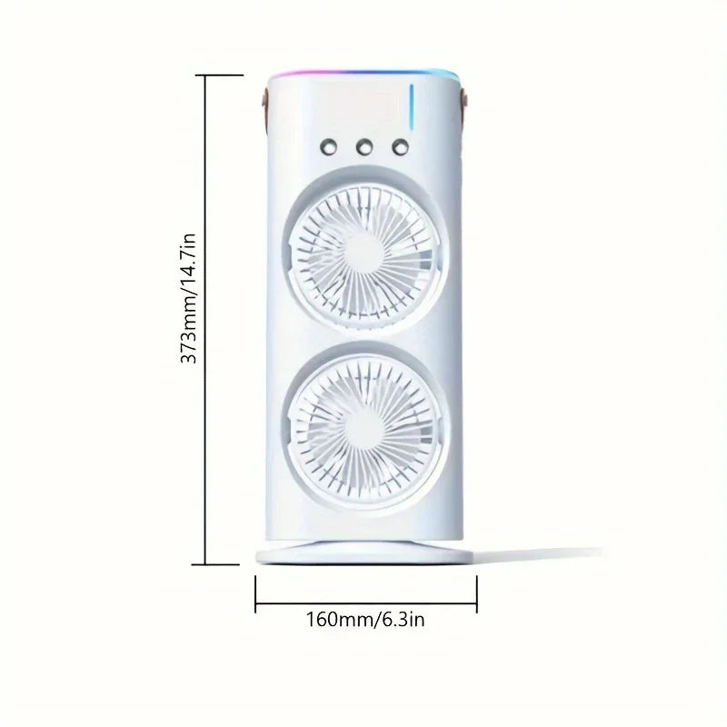 Belro double head portable air conditioner fan for outdoor use, with adjustable heads and ventilation grills in a garden setting.