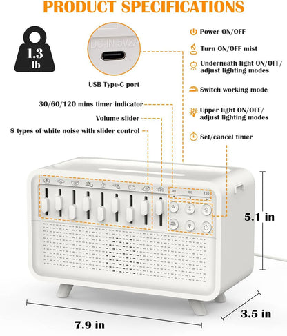 Belro white noise machine with humidifier and night light, showing sleek device with control buttons and soft lighting in a bedroom setting.