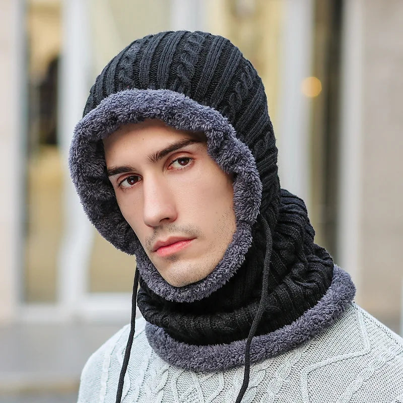 Belro winter knit balaclava with attached scarf, featuring warm, stretchy fabric for cold weather protection.