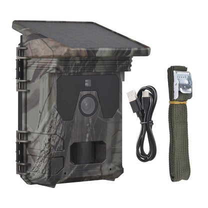 Belro solar-powered night vision trail camera showing lens, solar panel, and sturdy outdoor design for wildlife monitoring.