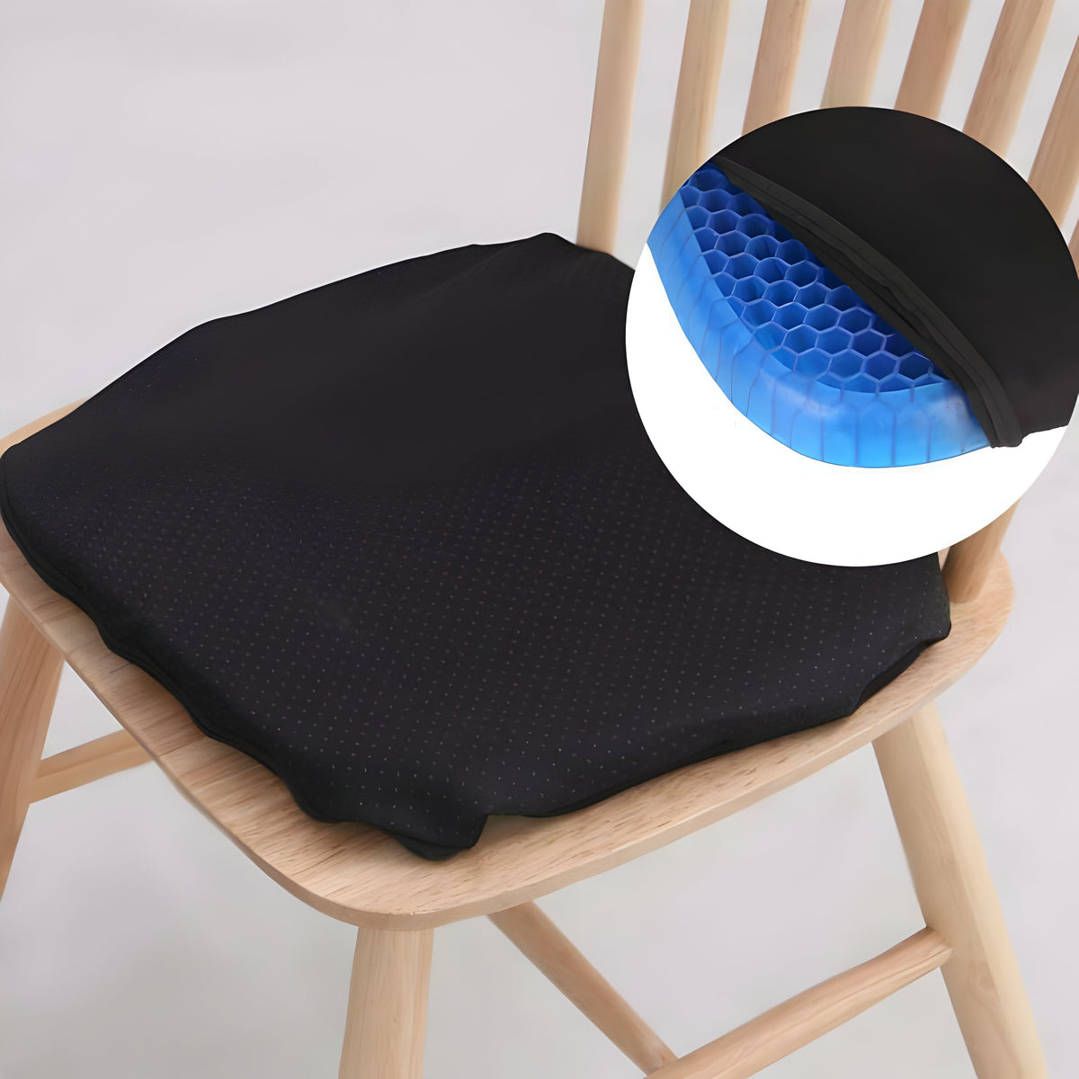 Belro gel seat cushion pad placed on a chair, providing comfort and support for back and sitting relief in health and beauty settings.