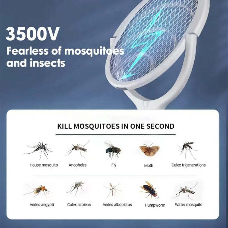 Belro 5 in 1 Fast Charging Bug Zapper Racket for outdoor pest control, shown with electric grid and ergonomic handle.