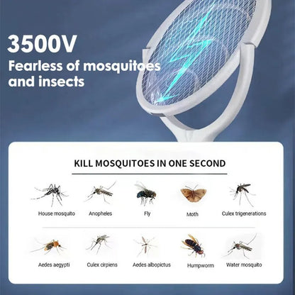 Belro 5 in 1 Fast Charging Bug Zapper Racket for outdoor pest control, shown with electric grid and ergonomic handle.