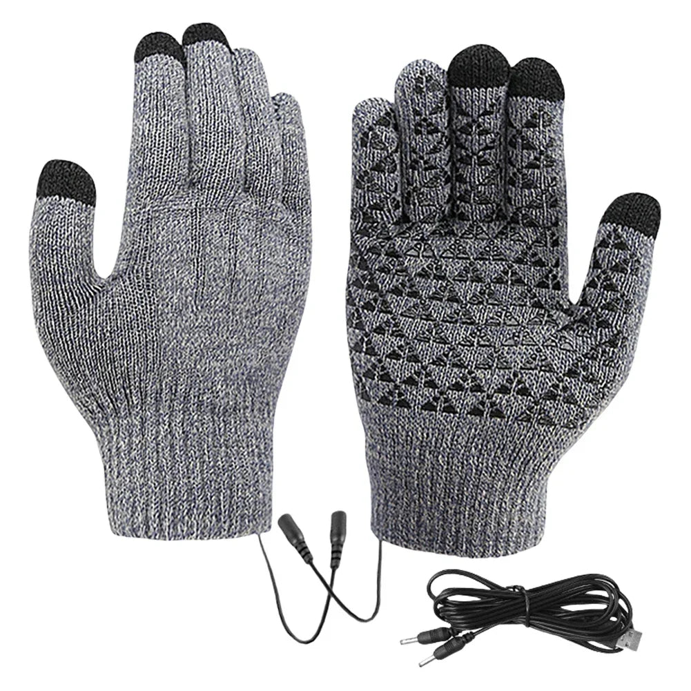 Belro USB touchscreen heated gloves for winter, showing black gloves with touchscreen fingertips and heating control button.