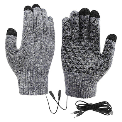 Belro USB touchscreen heated gloves for winter, showing black gloves with touchscreen fingertips and heating control button.