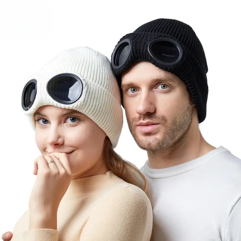 Belro unisex knitted beanie winter hat with goggles, cozy accessories for cold weather, featuring a stylish knit design.