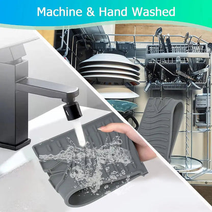 Belro silicone kitchen sink splash guard installed around a sink to prevent water splashes and spills.