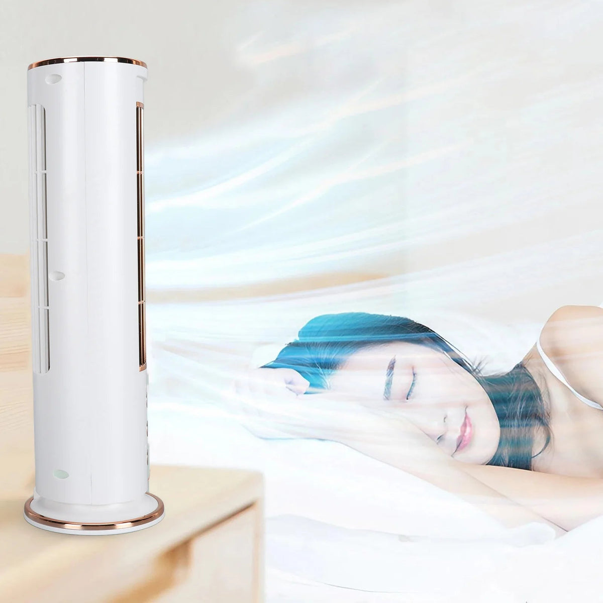 Belro bladeless desktop air conditioner fan with remote, three-speed silent evaporative cooling for bedroom or office use.