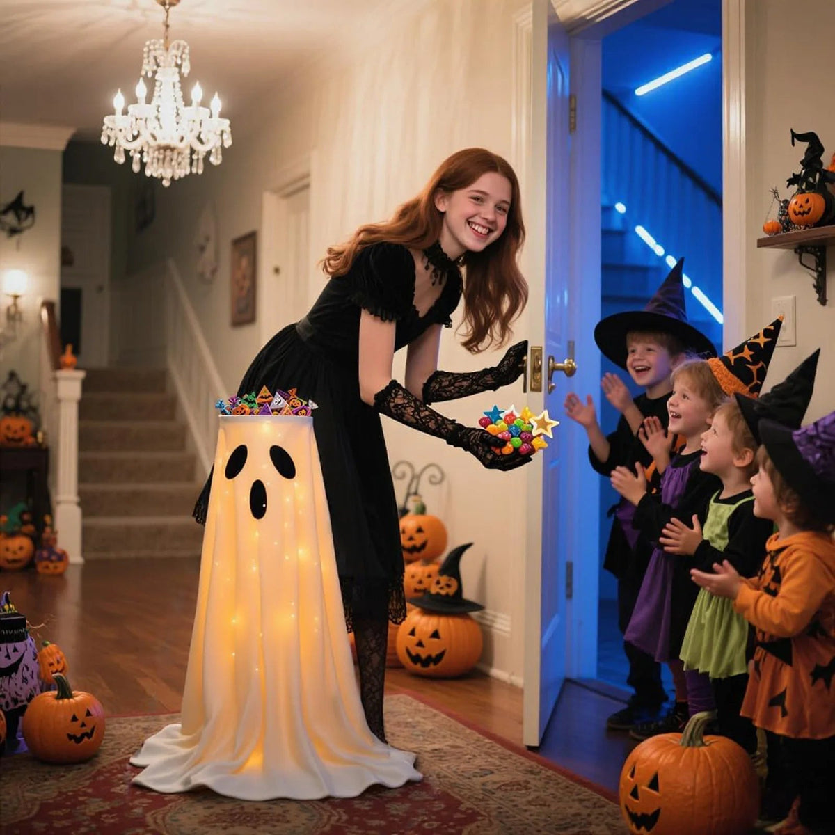 Lighted Halloween candy bowl stand with ghost design by Belro, featuring a spooky ghost figure on a decorative stand.