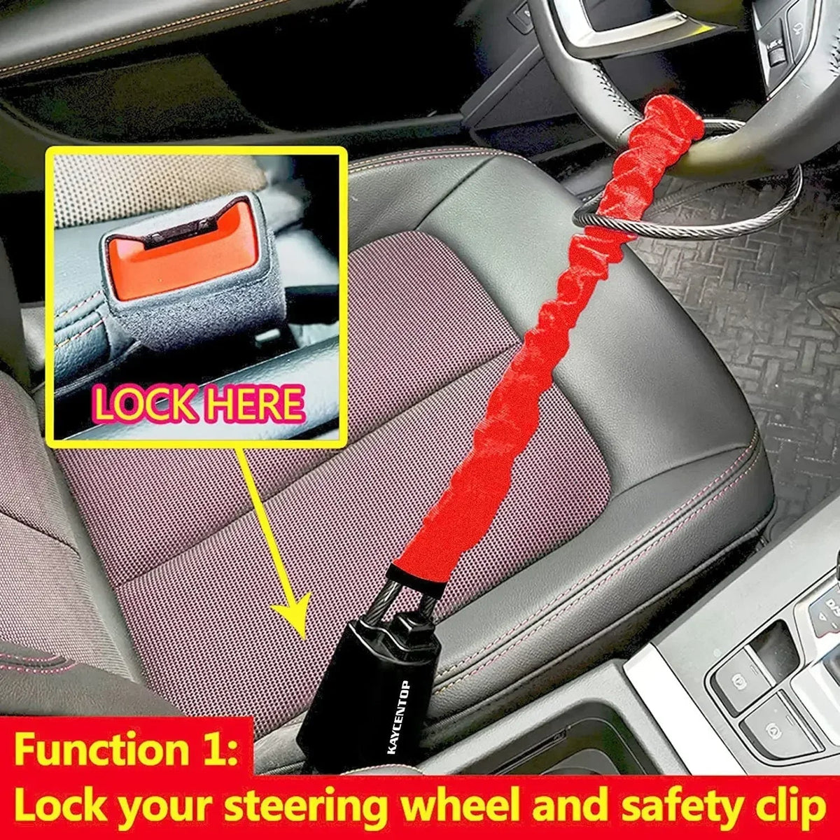 Universal car steering wheel lock with seat belt security, shown on a vehicle steering wheel for added theft prevention.