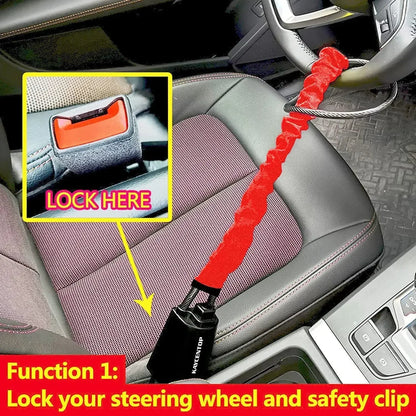 Universal car steering wheel lock with seat belt security, shown on a vehicle steering wheel for added theft prevention.