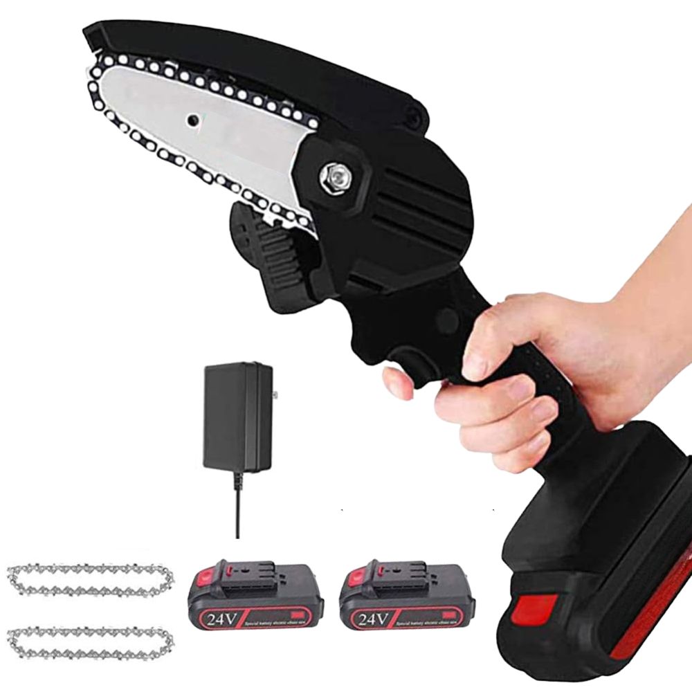 Belro upgraded 24V mini chainsaw, compact and powerful, shown in a close-up shot suitable for outdoor or workshop use.